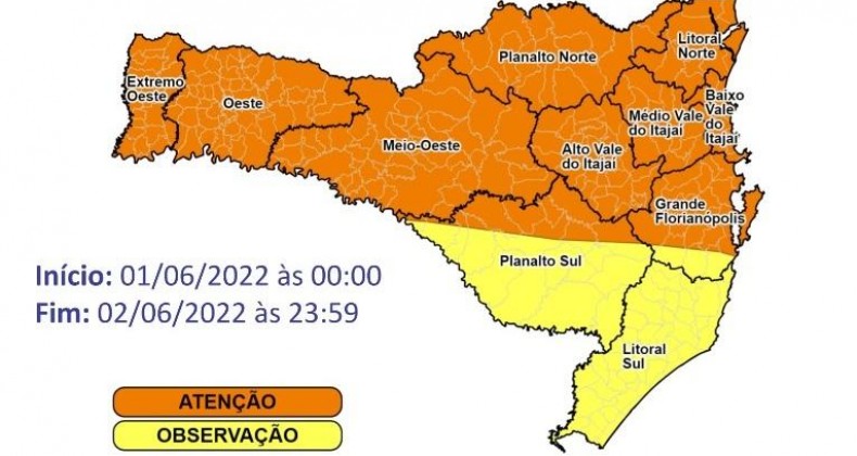 Defesa Civil emite alerta laranja por chuvas no Oeste de SC