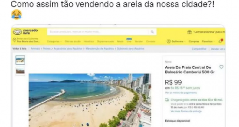 Imagem mostra anúncio de areia de Balneário Camboriú por R$ 99