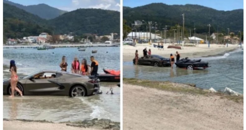 Carro de luxo atola em praia ao tentar tirar jet ski do mar em SC
