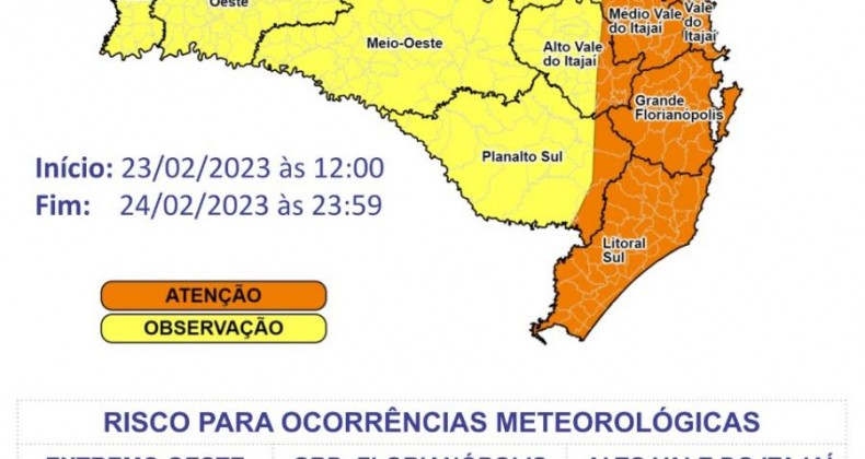 Defesa Civil de Santa Catarina alerta chegada de fortes chuvas no Oeste