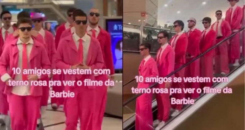 10 amigos se vestem com terno cor-de-rosa para assistir Barbie